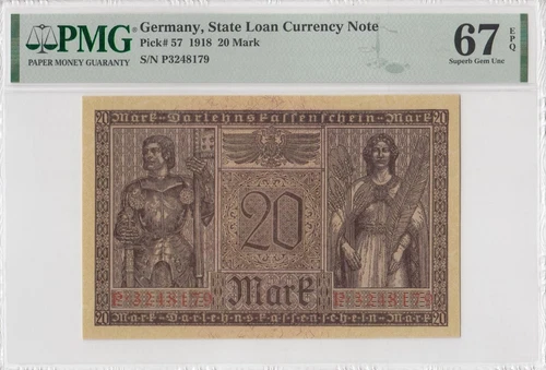 1918 GERMANY 20 MARK "BERLIN" ~RARE~ (( PMG 67 EPQ - Top Pop ))