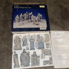 12 pc Nativity Scene Pastel Blue White Christmas Porcelain Glorious Collection