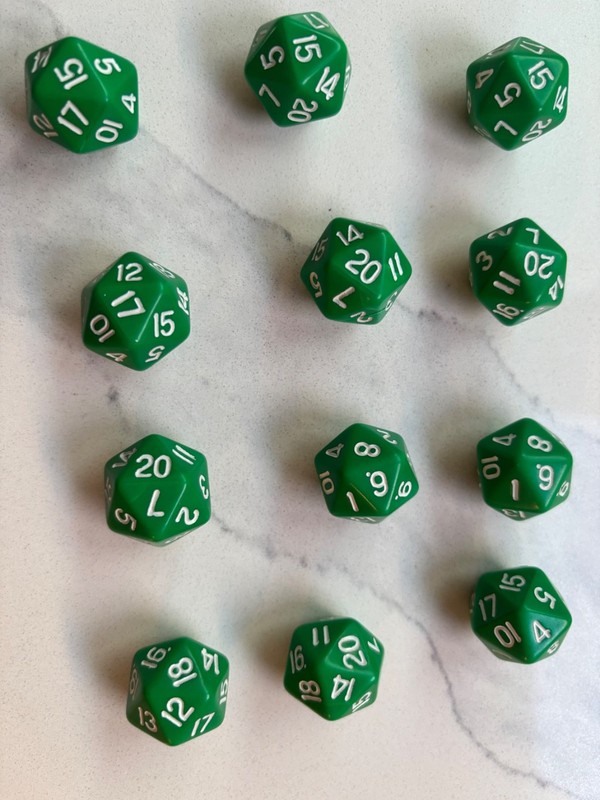Dice with 20 sides (1-20) green EUC SET of 12