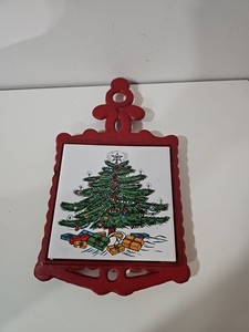Vintage Red Christmas Tree  Cast Iron Ceramic Tile Trivet Cute Kitchen Decor 