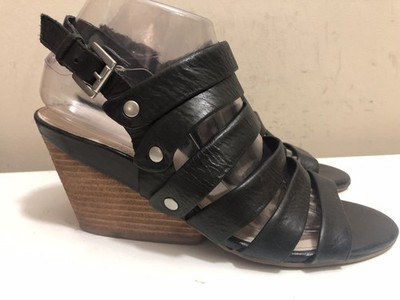 Naya Lassie Black Leather Strappy Slingback Stacked Wedge Sandals Women's Sz 8.5