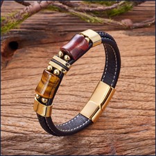 Men's Handmade Tiger Eye Bracelet Woven Leather Rope Steel Jewelry