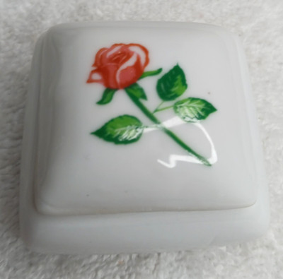 VTG Small Porcelain Trinket Earring Box 2x2x2'' White Pink Rose Overlay Lid