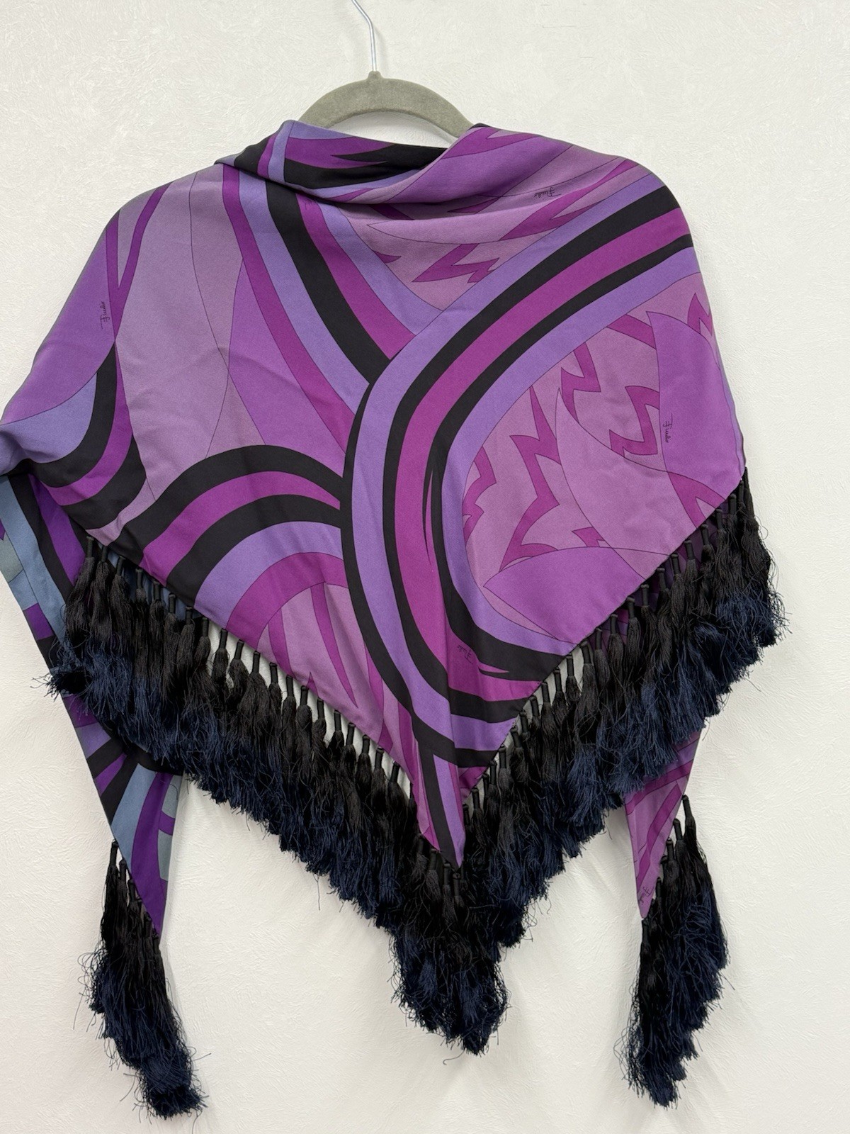 Emilio Pucci Silk Fringe Signature Print Scarf Shawl Wrap Purple Black image 5