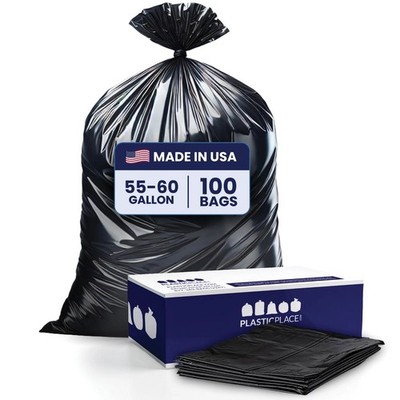 Plasticplace 55-60 Gallon Trash Bags - Black, Case of 100 Garbage Bags