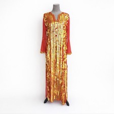 Egyptian Belly Dance Galabeya Dress Gold Coin Red Chiffon Abaya Saidi S/M