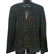 VINTAGE BLACK MULTICOLOR TWEED BLAZER 1980s 1990s PLAID ACADEMIA PREPPY SIZE 10