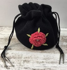 Drawstring Evening Bag Purse Black Crochet Floral