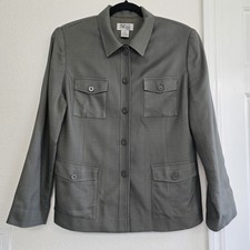 Vintage 100 Silk Collared Blazer Army Green 12P Preppy Academia Office Luxury