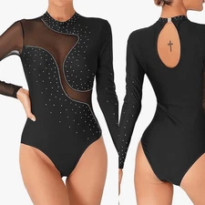 Iefiel Dance costume bodysuit leotard black mesh long sleeve rhinestone adult S