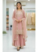 Indian Look Faux Georgette Light Pink Top Palazzo With Dupatta For Women  Girls
