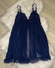 Victorias Secret Babydoll Lingerie Sheer Mesh Lace Ruffle Womens S Small Blue