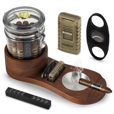 SEMKONT Cigar Humidor Set: Wood Tray, Ashtray, Cutter, Lighter, Acrylic Jar