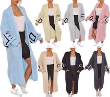 Ladies Love Print Balloon Sleeve Two Pockets Open Front Knitted Maxi Cardigan