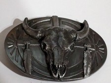 Siskiyou Buckle Co. 3D Pewter Cow Skull Belt Buckle w/Feathers Suns VTG 1986