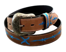 Twisted X Western Cowboy Ranger Leather Belt Ebroidered Blue Barbed Wire Size 44
