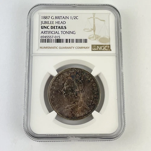 NGC Graded Great Britain 1887 1/2C Half Crown UNC Details Artificial Toning