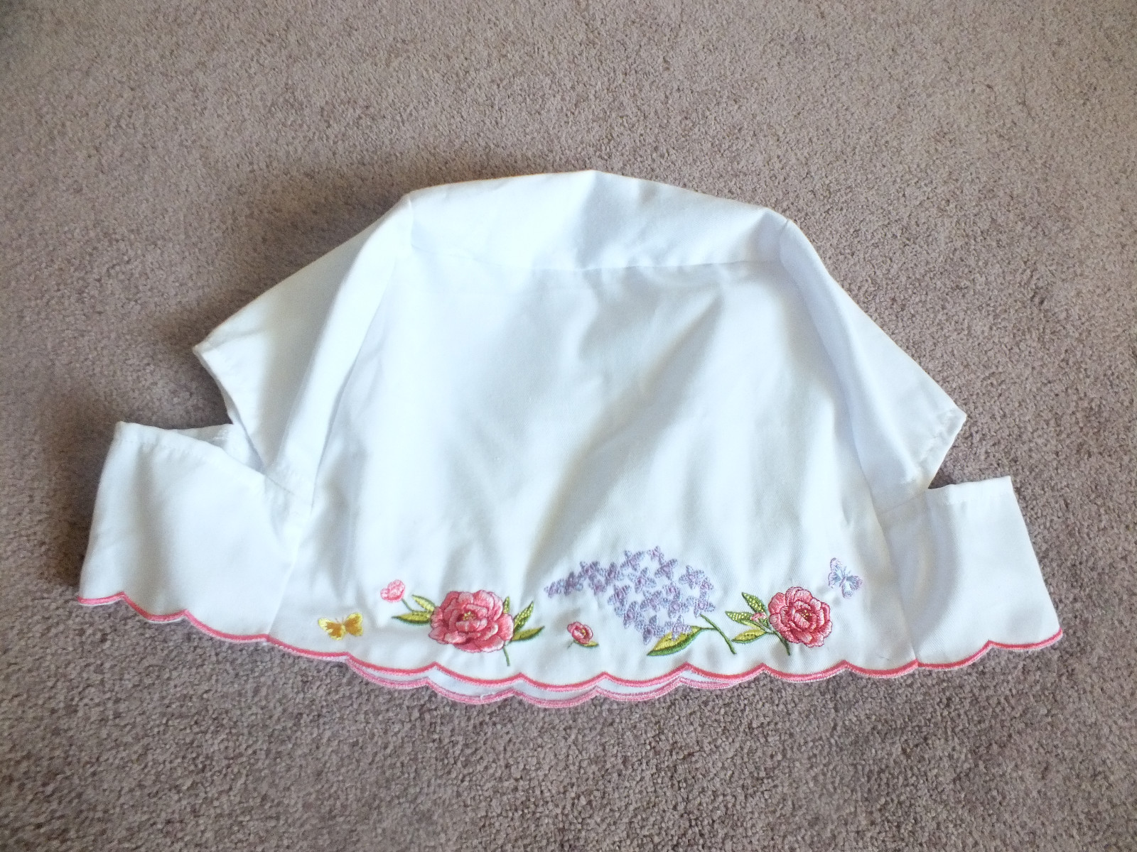 Elegant White Machine-Embroidered Appliance Cover with Pink Trim and Handle Openings  