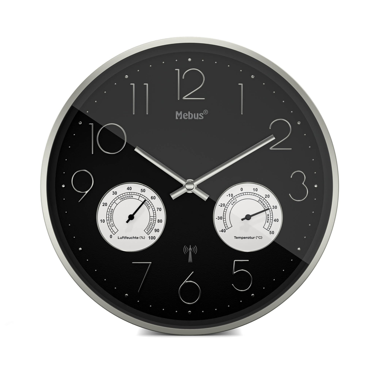 Термогигрометр Funk-Wanduhr mit lautlos silberner Rahmen schwarz 7690₽