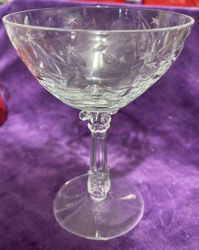 Crystal Champagne Sherbet Glass Rare Unique Stem Etched Floral Starburst  Design