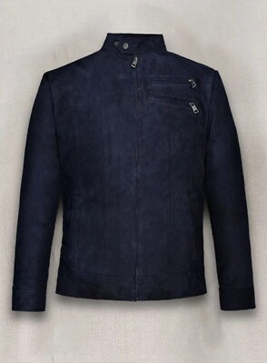 CLASSIC New Men's Navy Blue Suede Jacket Soft Sheepskin Style Slim Fit Jacket