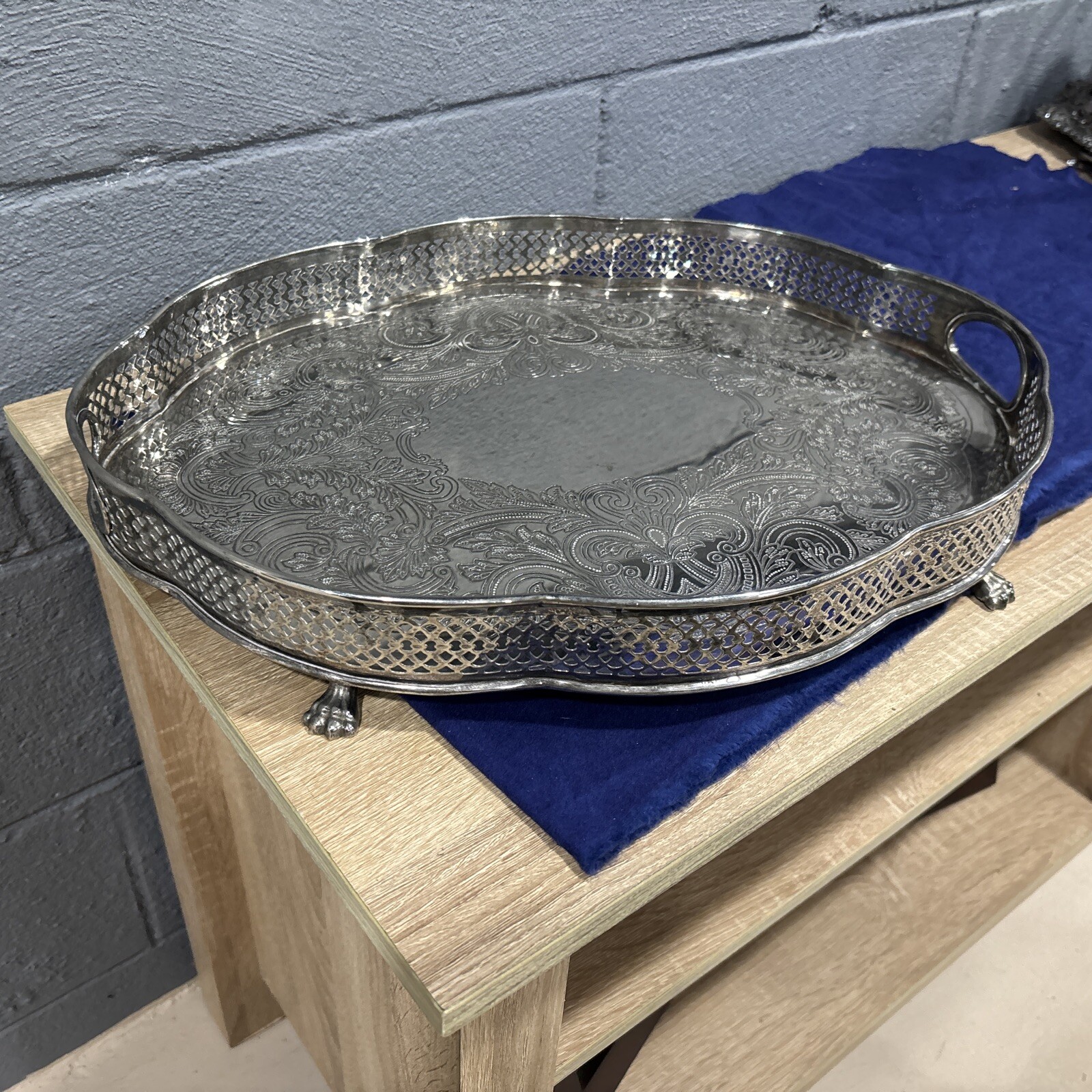 Large  VTG  Silver Plate Metal Butlers Serving Tray Etched