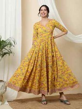 Indian Women Cotton Yellow Floral Printed Angrakha Flared Kurta Kurti Long Dress