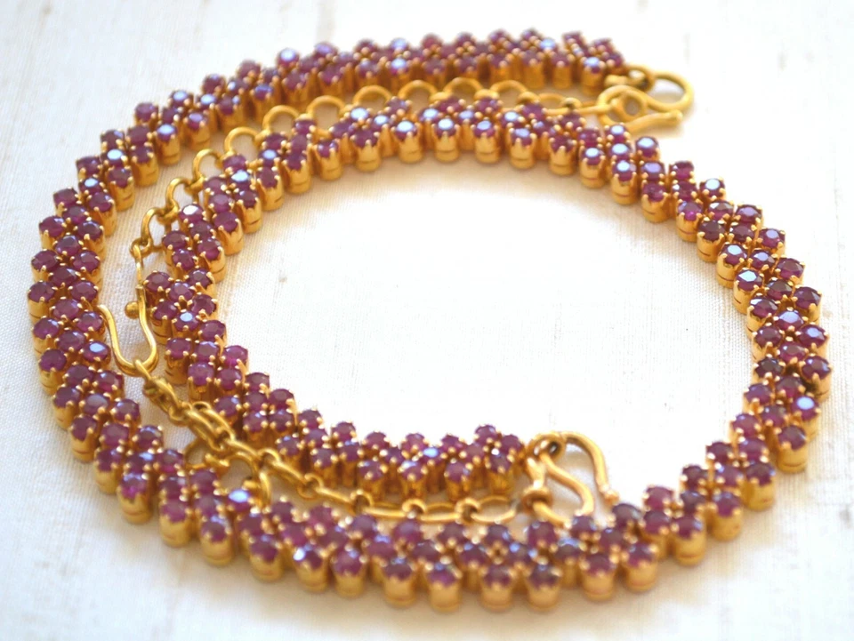 22K 916 GOLD RUBY Necklace 2 Bracelets Bangles Adjustable Choker Pair Red Pink - Image 3 of 4