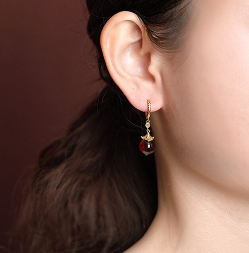 Pendientes criollos hoja de ginkgo ámbar rojo plata 925 dorado - Imagen 4 de 5
