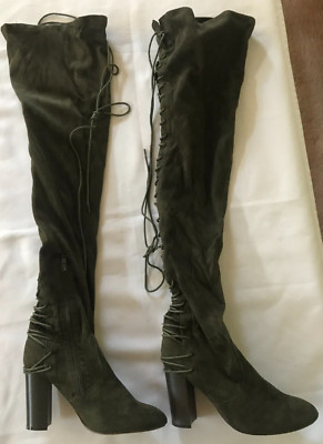 Addison 1 KNEE HIGH TALL DARK GREEN BOOTS Distressed Suede OTK Lace Up Size 8.5