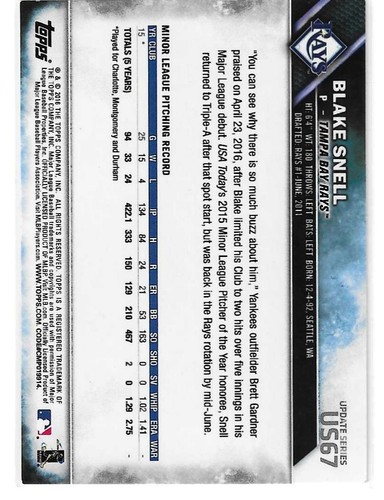 2016 Topps Update Baseball # US67 BLAKE SNELL Rookie RC Tampa Bay Rays - Picture 2 of 2