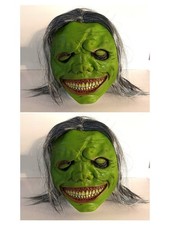  2 SPOOKY GREEN SMILING DEMON HORROR FACE HALLOWEEN MASKS - ONE SIZE FITS ALL
