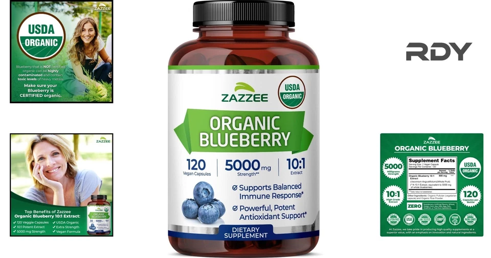 Extracto de arándano silvestre orgánico 5000 mg - 120 cápsulas, poder antioxidante Foto 2 de 4