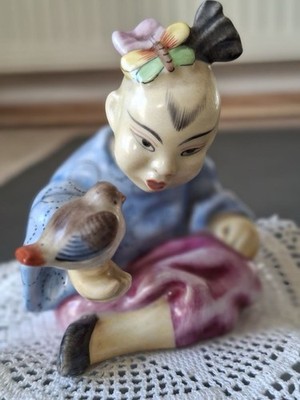 Herend Porzellan Figur Chinesisches Mädchen mit Vogel #5656 - Handbemalt - Top!