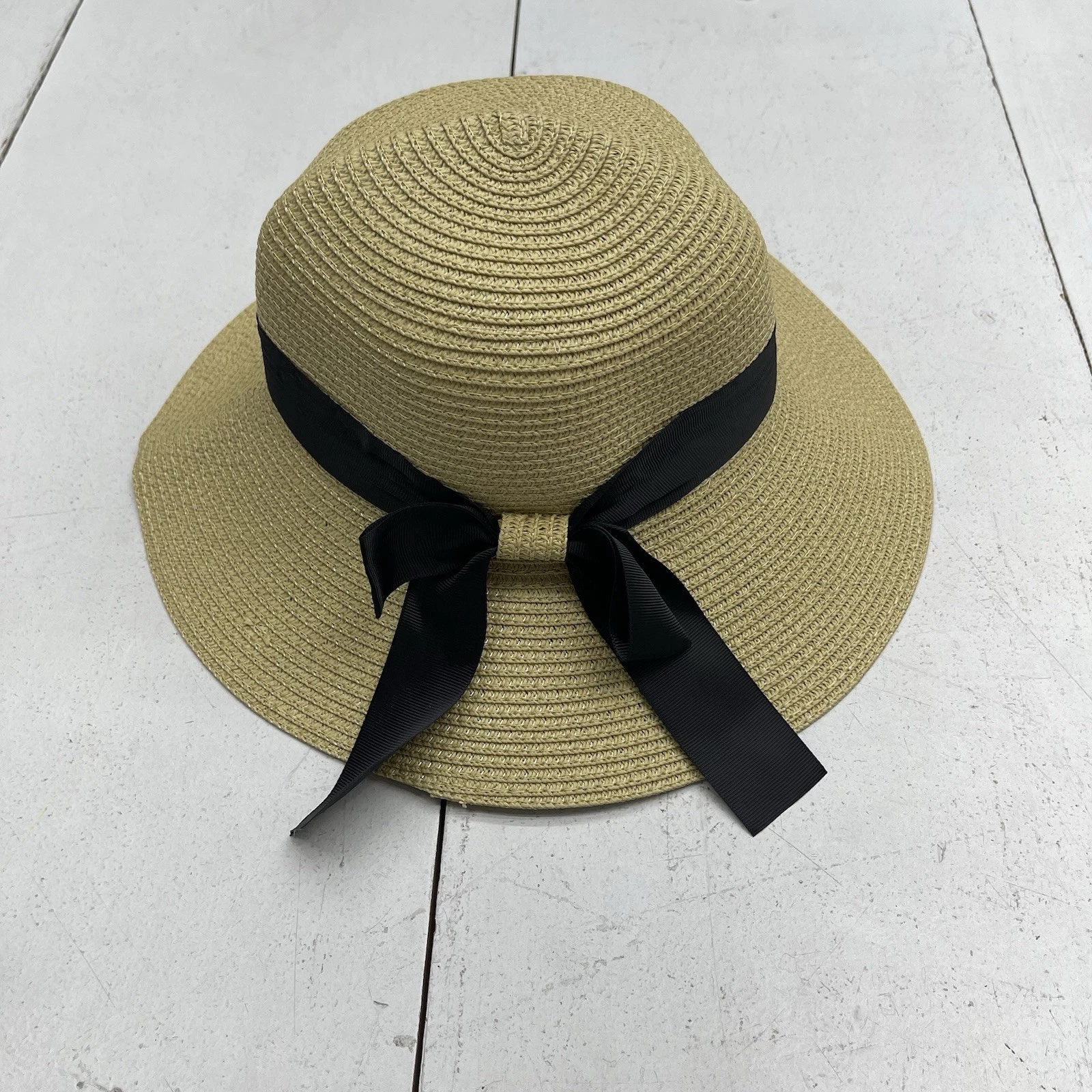 Sromza Beige Straw Sun Hat With Wind Lanyard Wide Brim Women's OS