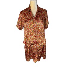 Victorias Secret Floral Print Pajama Set Button Up Shirt Shorts XS Fall Colors