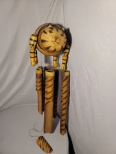 Pier 1 Imports Large Bamboo Cat Wind Chime Hanging Stripes Green Eyes Kitten Tag