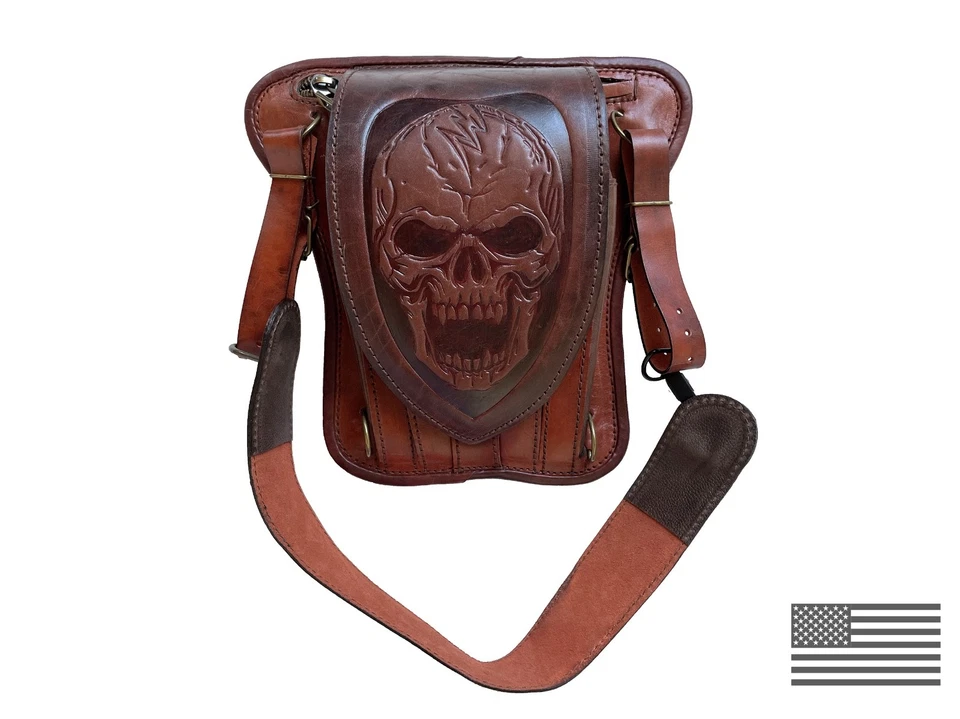 Biker bag Motorcycle Brown leather bag Leg Handmade hip bag Skull - Image 2 of 4