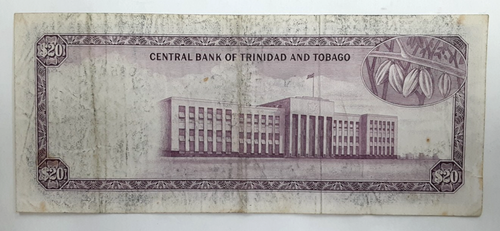 1977 Ausgabe Trinidad & Tobago 20 Dollars Banknote Pick # 31a sehr schön mit Flecken - Bild 2 von 2