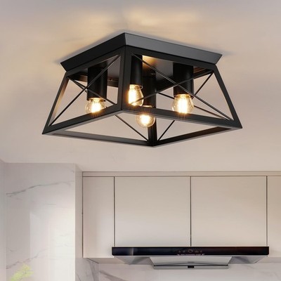 Farmhouse 4-Light Metal-Framed Industrial Kitchen Ceiling Lights - Black Flus...