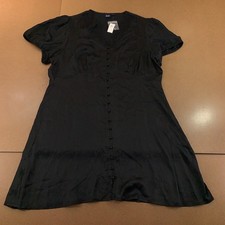Gap Womens 2X-Large Tall Black Satin Puff Sleeve Lace-Trim V-Neck Mini Dress NWT