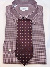 NWT ETON BURGUNDY CHECK SHIRT - 41/16 CONTEMPORARY FIT. FREE BONUS TIE  