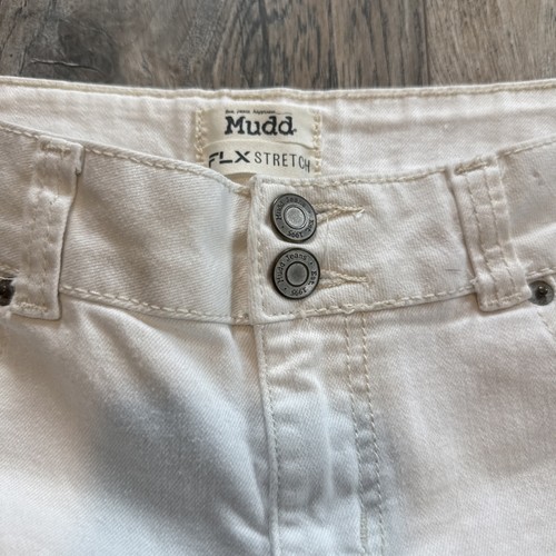 y2k pantaloncino denim bianco fango vintage anni 90 con polsini taglia 11 elasticizzato flessibile - Foto 3 di 8