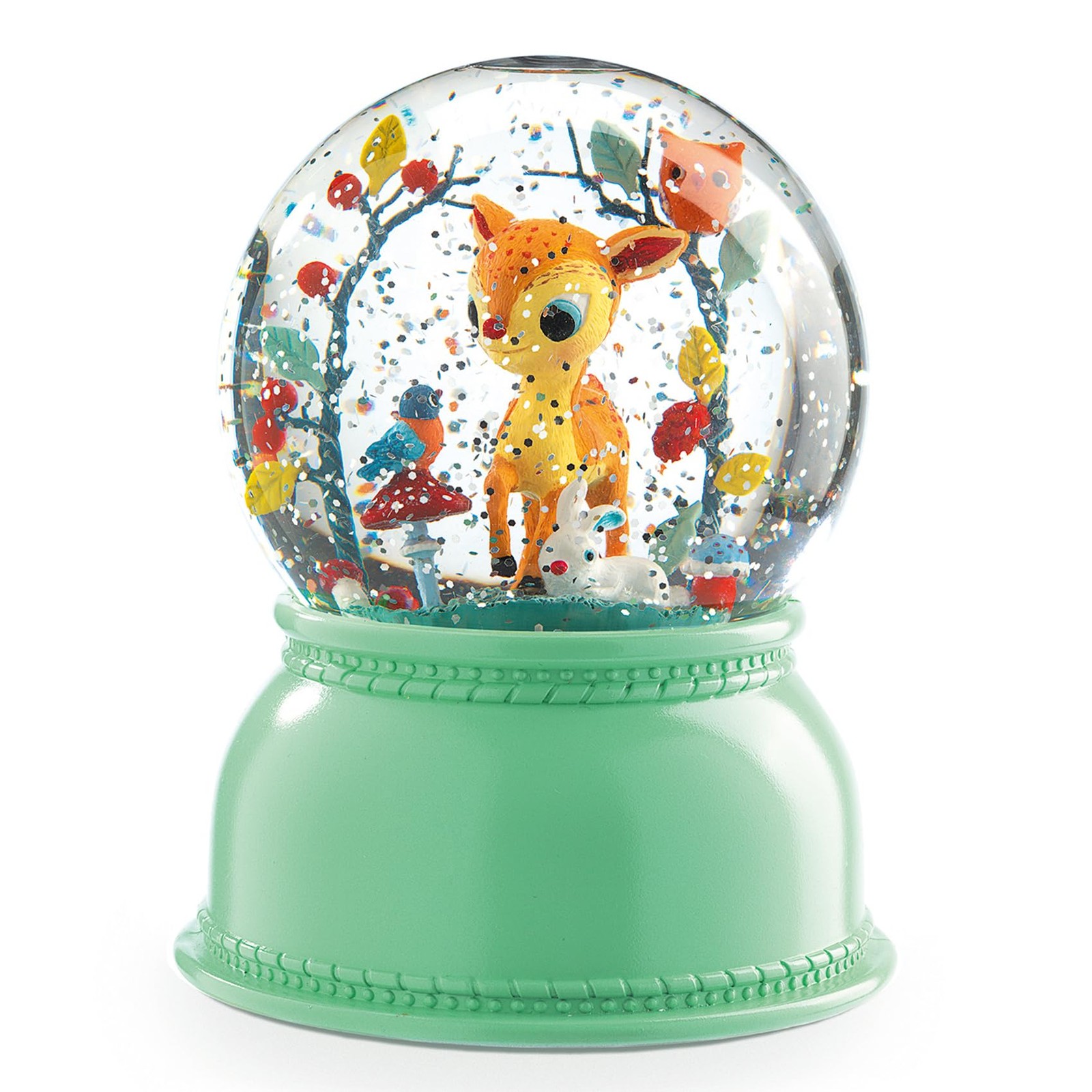 Boule à neige veilleuse faon vert avec rotation automatique des paillettes