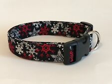 RED AND SILVER SNOWFLAKES ON BLACK Dog collar  (you choose the size)