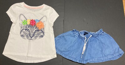 Girl's Gap Outfit Size 4-5 - Kitty Face Top w/Chambray Skirt GUC