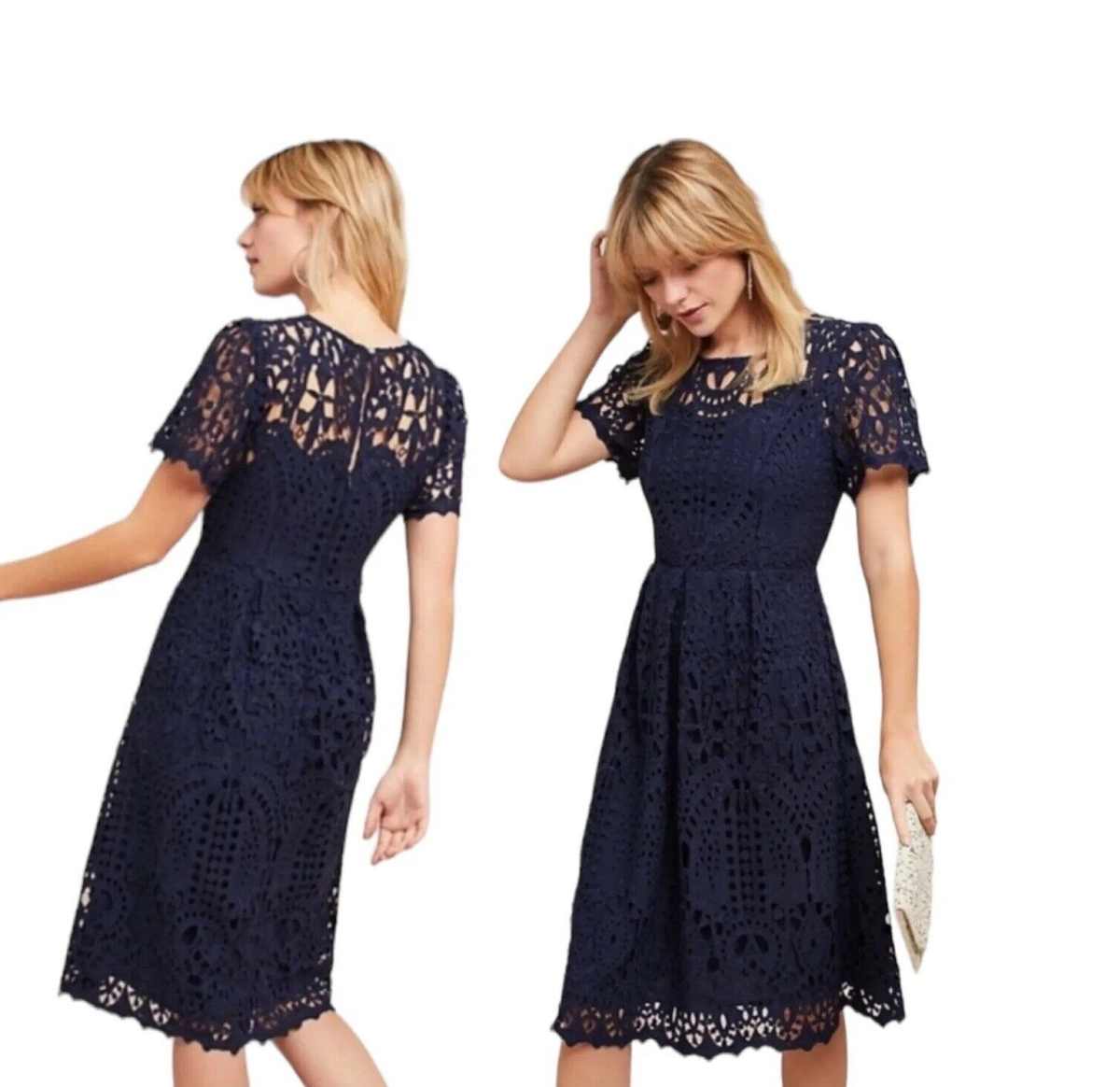 Eri + Ali Navy Blue Short Sleeve Eyelet Lined Priscilla Lace A-Line Dress  Small