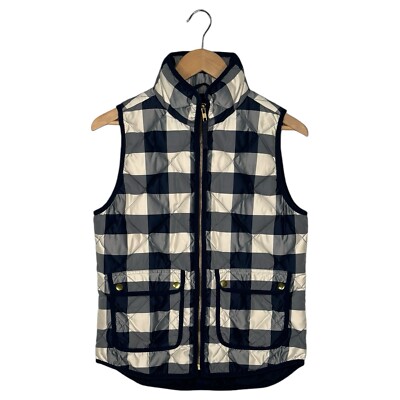 J Crew Down Puffer Vest Womens XS Plaid Quilted Zip Front High Neck Preppy Blue