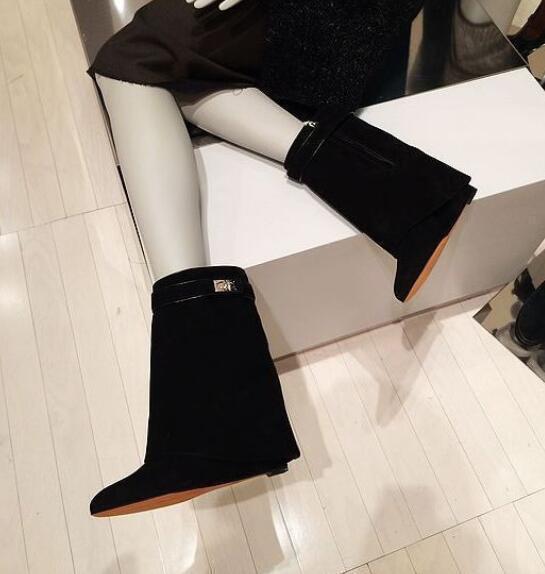 Mujeres Cuña Tacón Alto botas al Tobillo costura de cuero genuino genuino cuero del ante Decoración mental 7575d9 Mujeres Cuña Tacón Alto botas al Tobillo costura de cuero genuino genuino cuero del ante Decoración mental 7575d9