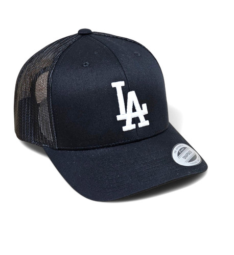 3D LA WHITE Embroidered on BLACK & BLACK Snapback Yupoong Trucker Style Hat NEW
